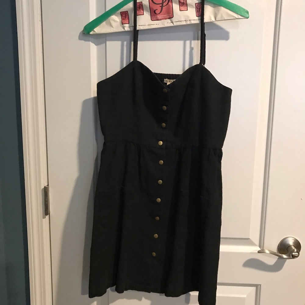 Black mini tank dress with gold buttons